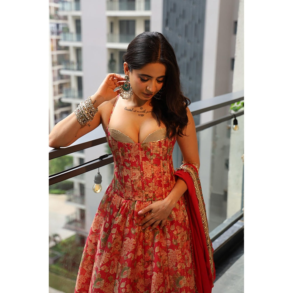 Old Marigold Pink Corset Tissue Lehenga with Blouse and Dupatta