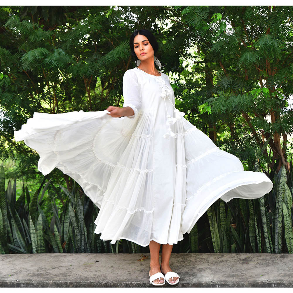 OMAANA Vanilla Delight White Coloured Tiered Dress