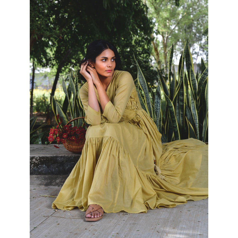 OMAANA Sandalwood Angrakha Tiered Midi Dress