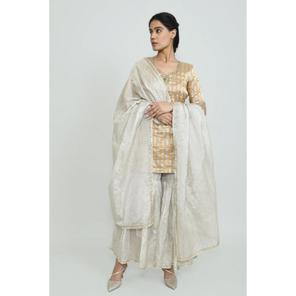 OMAANA Women Tissue Grey Kurta with Sharara and Dupatta