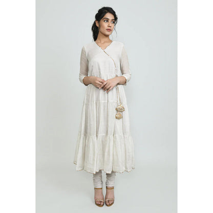 OMAANA Women Tissue White Angrakha Kurta with Churidar and Dupatta