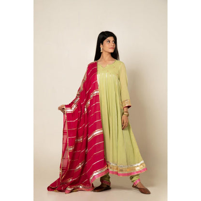 OMAANA Women Mulmul Green Anarkali Kurta with Churidar and Dupatta
