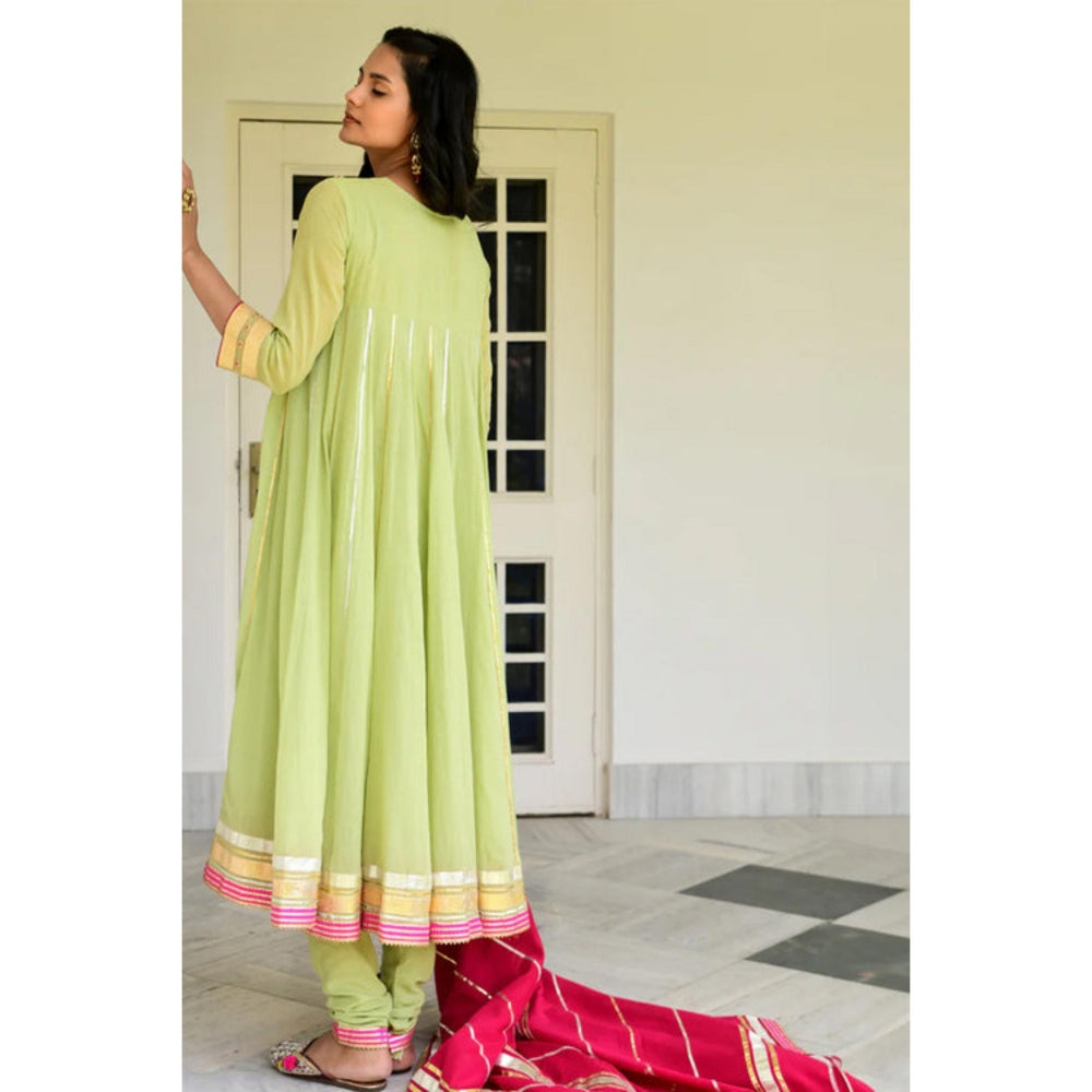 OMAANA Women Mulmul Green Anarkali Kurta with Churidar and Dupatta