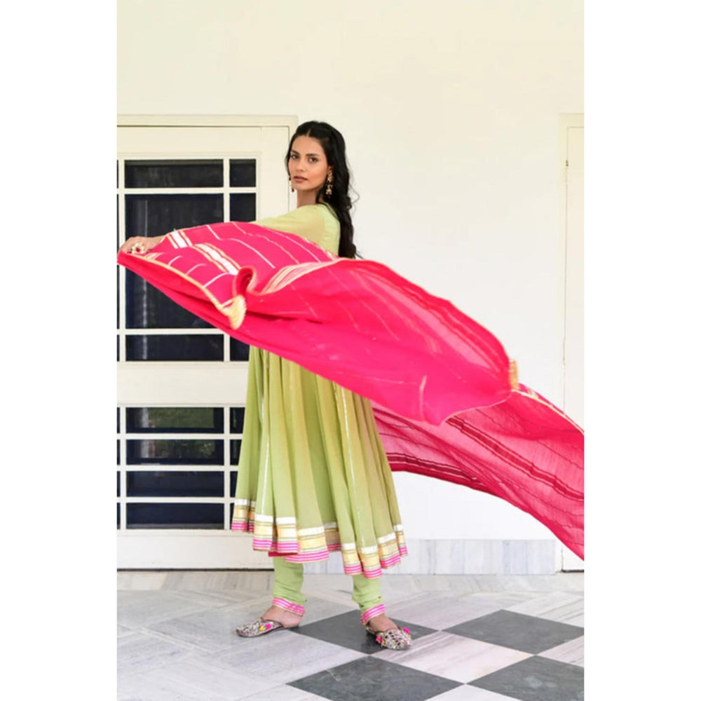 OMAANA Women Mulmul Green Anarkali Kurta with Churidar and Dupatta