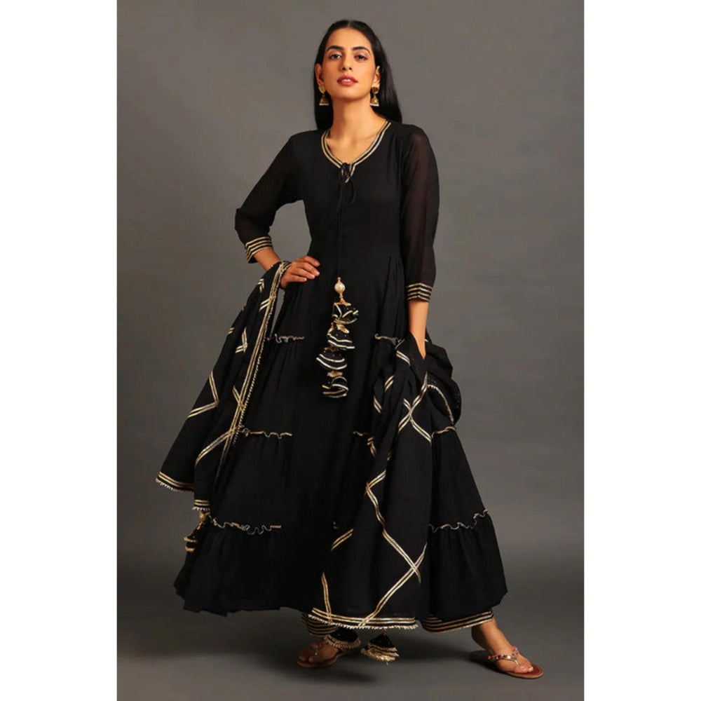 OMAANA Women Mulmul Black Kurta with Pant and Dupatta