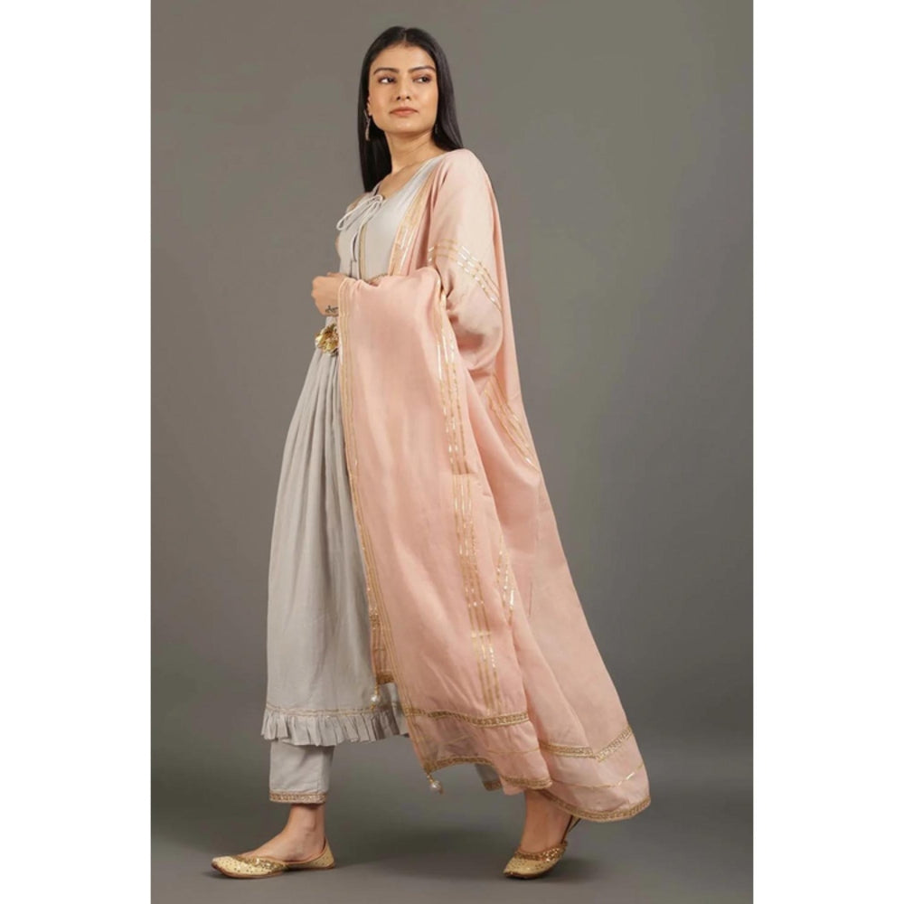 OMAANA Women Mulmul Grey Kurta with Pant and Dupatta