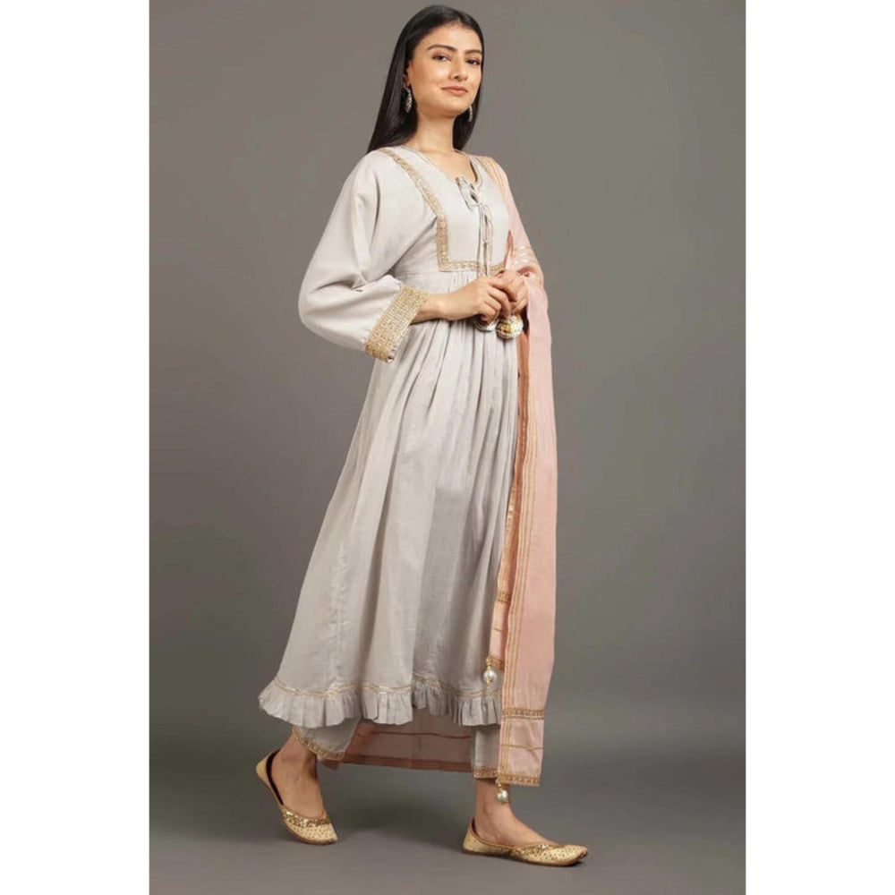 OMAANA Women Mulmul Grey Kurta with Pant and Dupatta