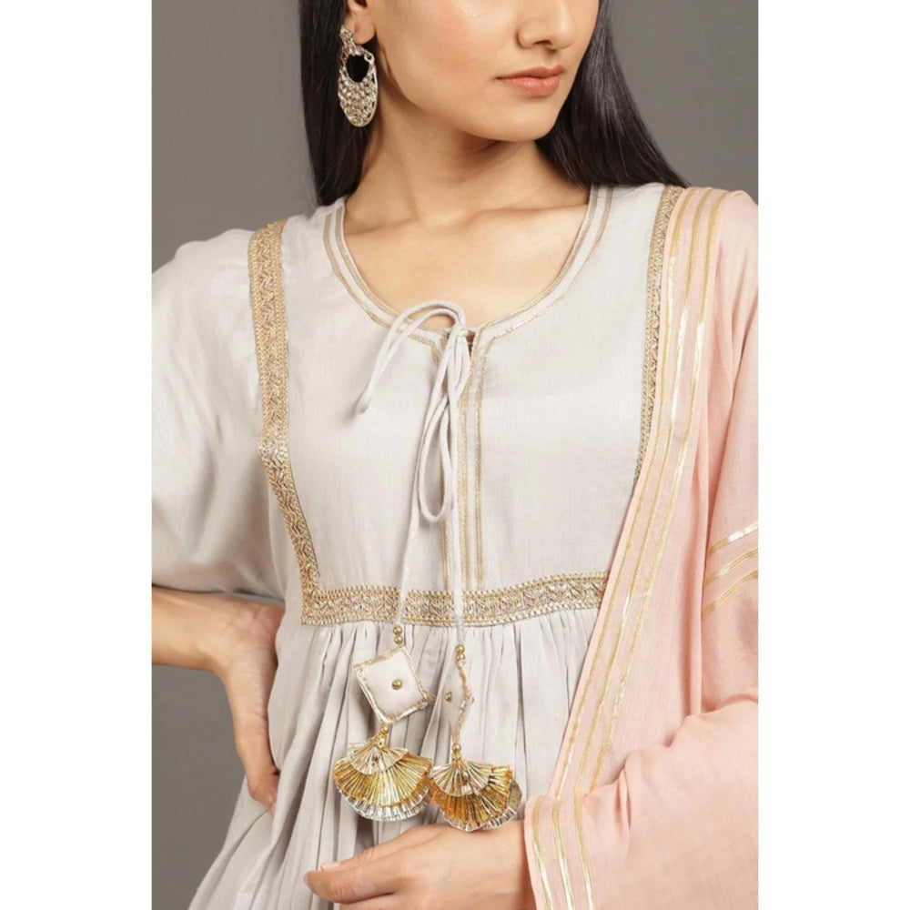 OMAANA Women Mulmul Grey Kurta with Pant and Dupatta