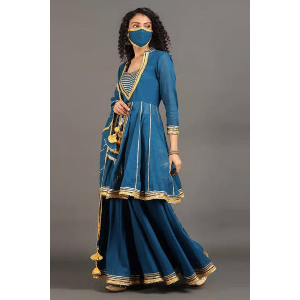 OMAANA Women Mulmul Teal Kurta with Sharara and Dupatta