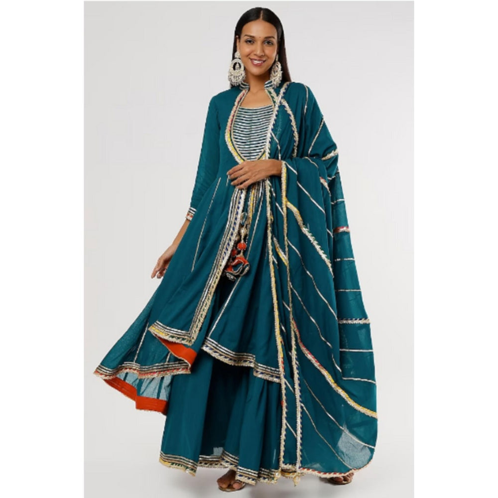 OMAANA Women Mulmul Teal Kurta with Sharara and Dupatta