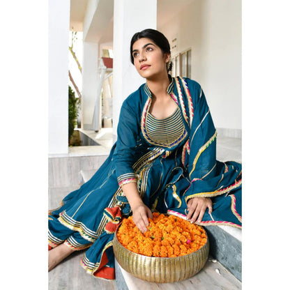 OMAANA Women Mulmul Teal Kurta with Sharara and Dupatta