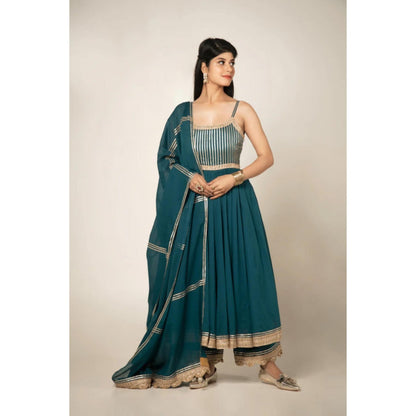 OMAANA Women Mulmul Teal Anarkali Kurta with Palazzo and Dupatta