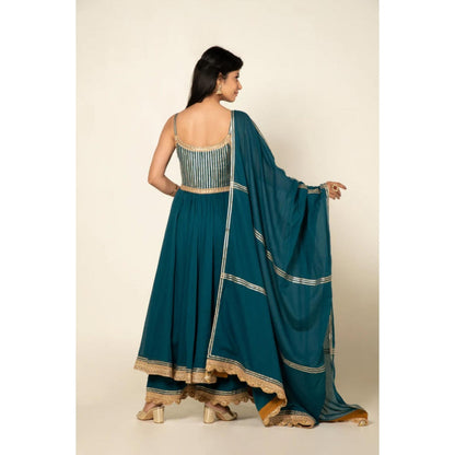 OMAANA Women Mulmul Teal Anarkali Kurta with Palazzo and Dupatta