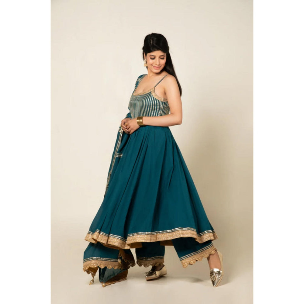 OMAANA Women Mulmul Teal Anarkali Kurta with Palazzo and Dupatta