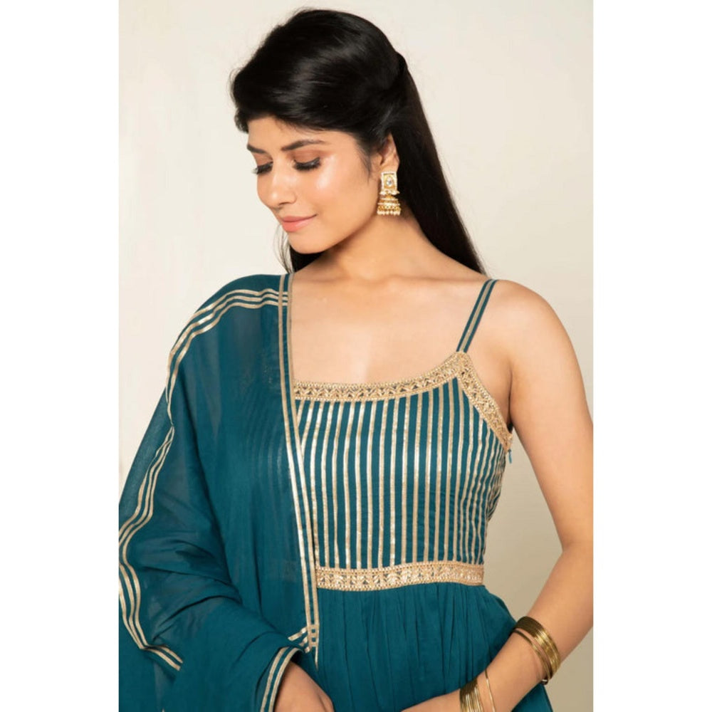 OMAANA Women Mulmul Teal Anarkali Kurta with Palazzo and Dupatta