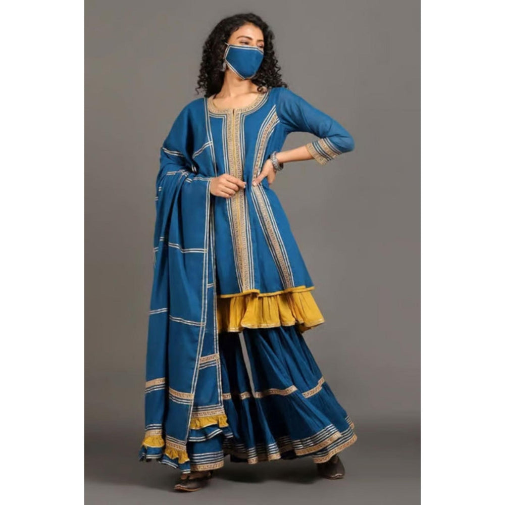 OMAANA Women Mulmul Blue Kurta with Sharara and Dupatta