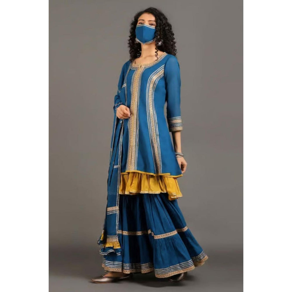 OMAANA Women Mulmul Blue Kurta with Sharara and Dupatta