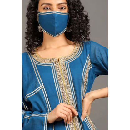 OMAANA Women Mulmul Blue Kurta with Sharara and Dupatta