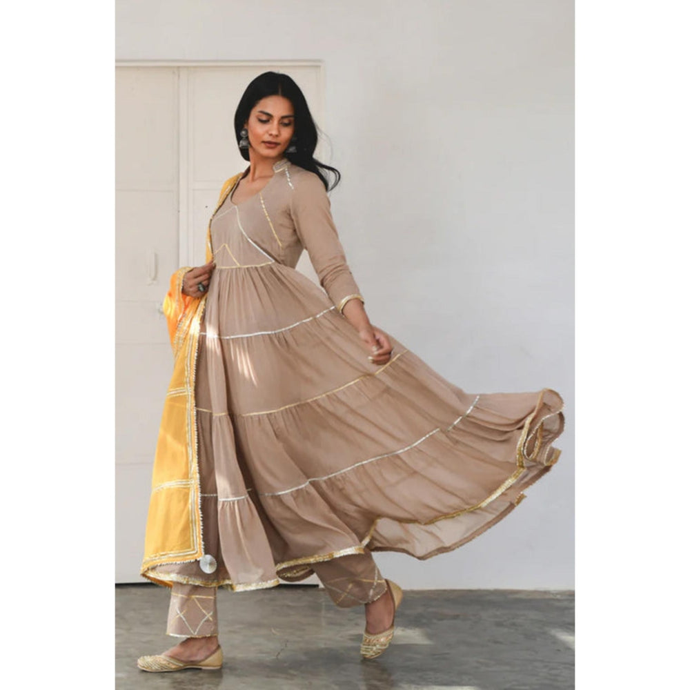 OMAANA Women Mulmul Brown Kurta with Pant and Dupatta