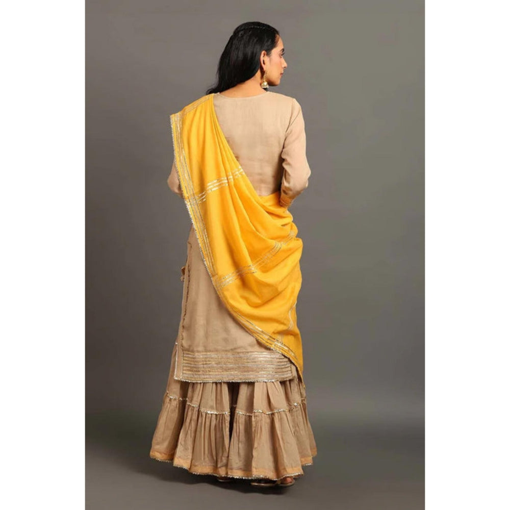 OMAANA Women Mulmul Beige Kurta with Sharara and Dupatta