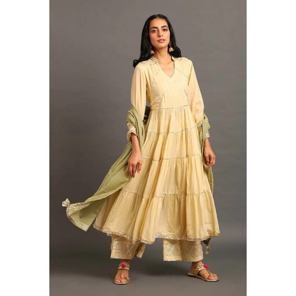 OMAANA Women Mulmul Cream Kurta with Palazzo and Dupatta