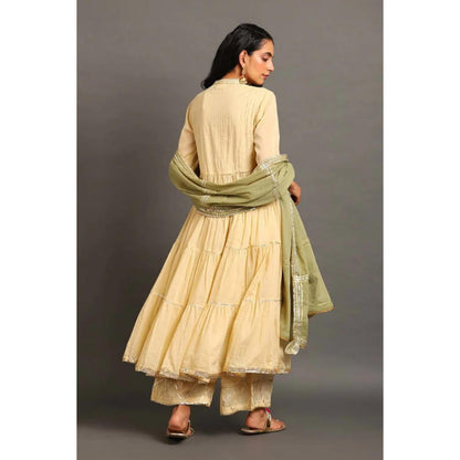 OMAANA Women Mulmul Cream Kurta with Palazzo and Dupatta