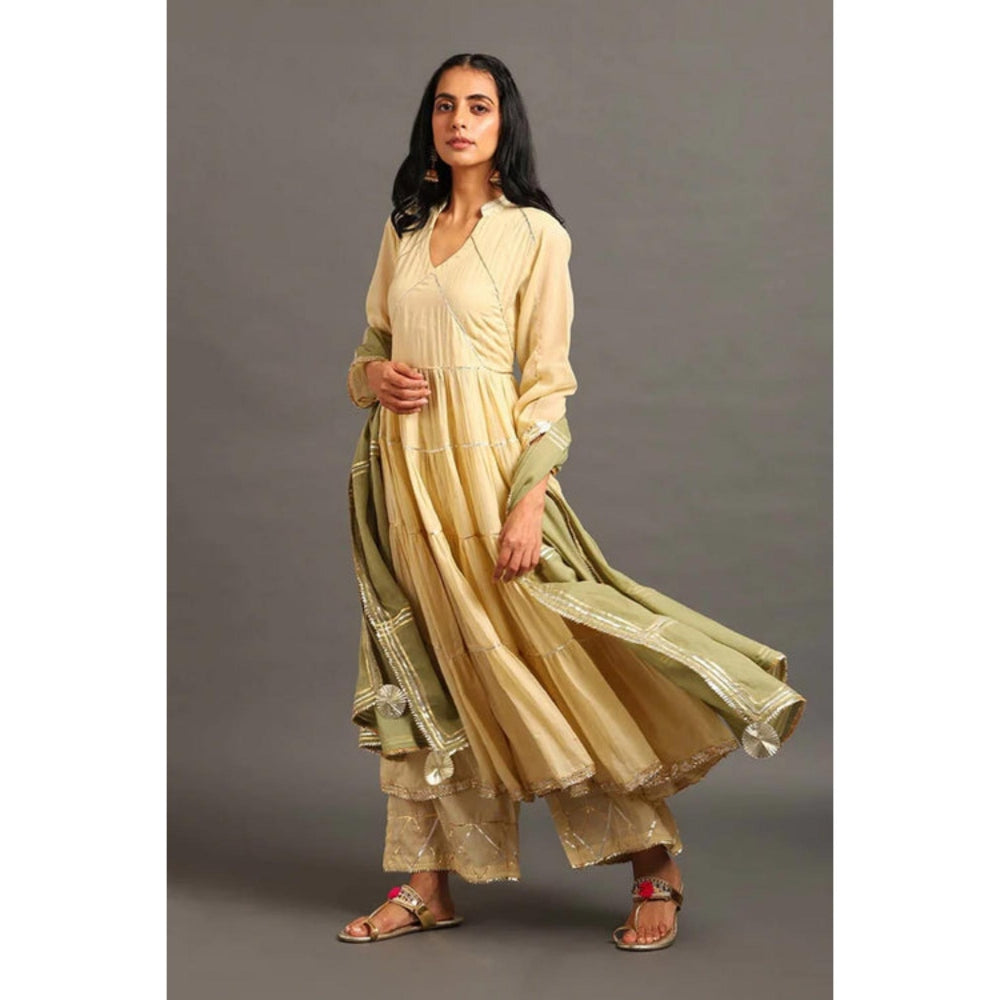 OMAANA Women Mulmul Cream Kurta with Palazzo and Dupatta