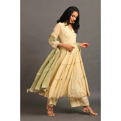 OMAANA Women Mulmul Cream Kurta with Palazzo and Dupatta
