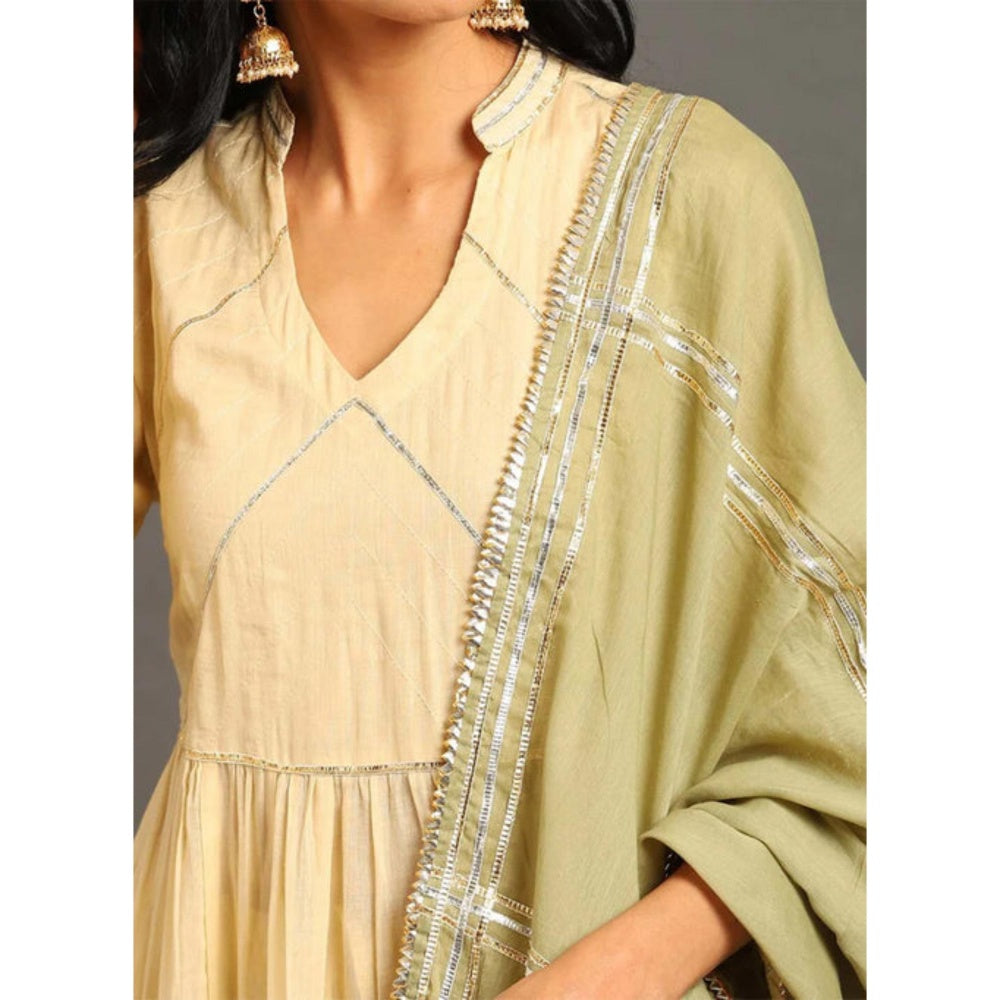 OMAANA Women Mulmul Cream Kurta with Palazzo and Dupatta