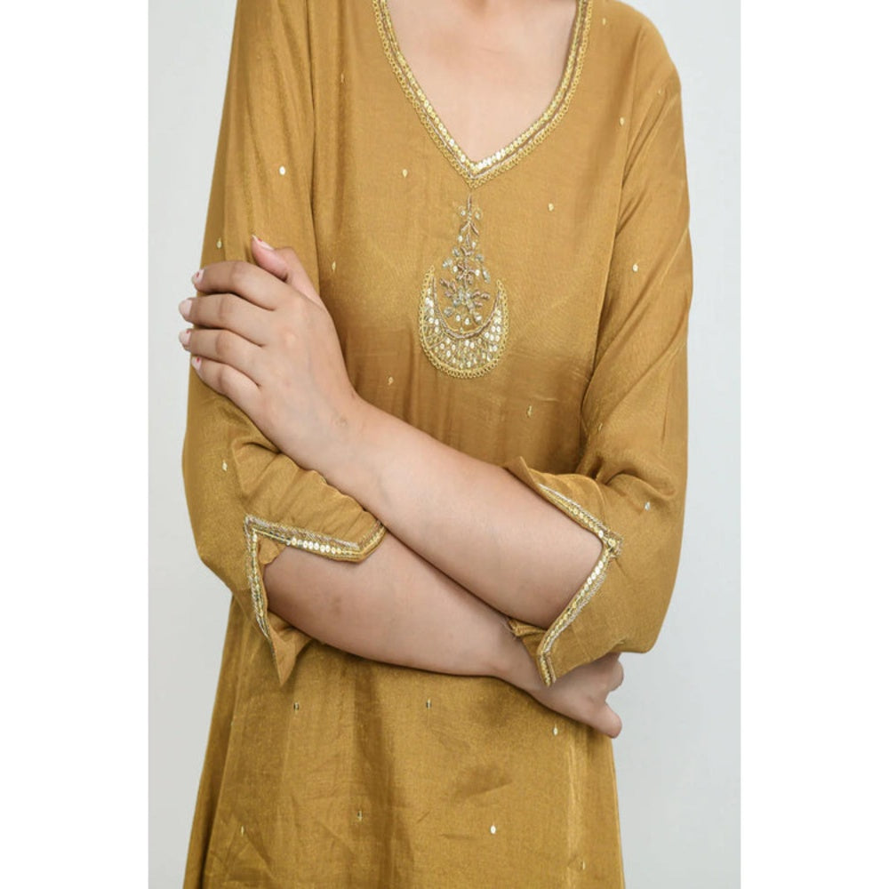 OMAANA Women Silk Mustard Kurta with Pant and Dupatta
