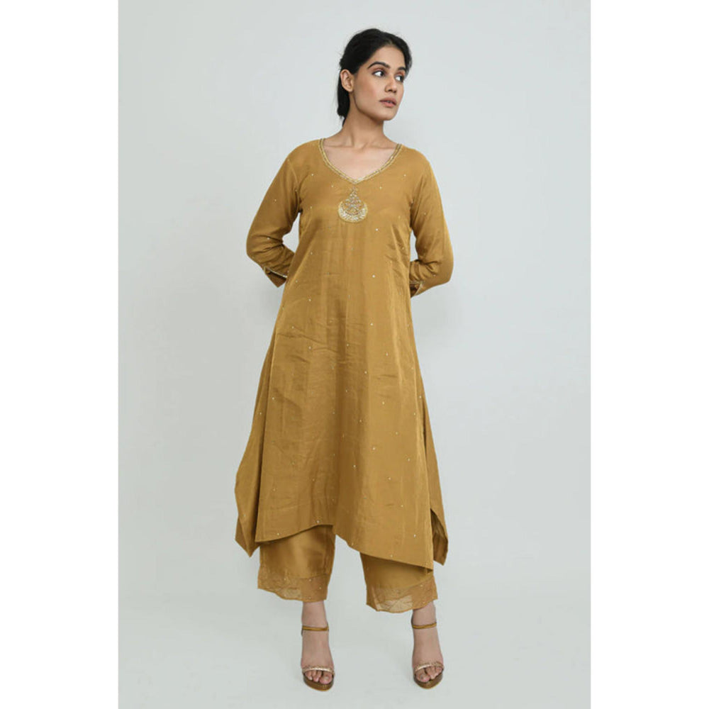 OMAANA Women Silk Mustard Kurta with Pant and Dupatta