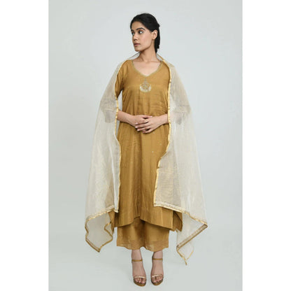 OMAANA Women Silk Mustard Kurta with Pant and Dupatta