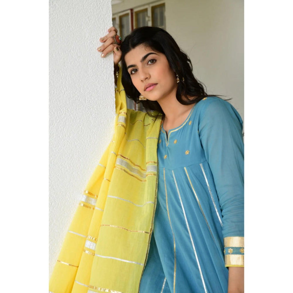 OMAANA Women Mulmul Blue Anarkali Kurta with Churidar and Dupatta
