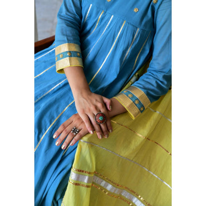 OMAANA Women Mulmul Blue Anarkali Kurta with Churidar and Dupatta