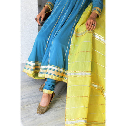 OMAANA Women Mulmul Blue Anarkali Kurta with Churidar and Dupatta