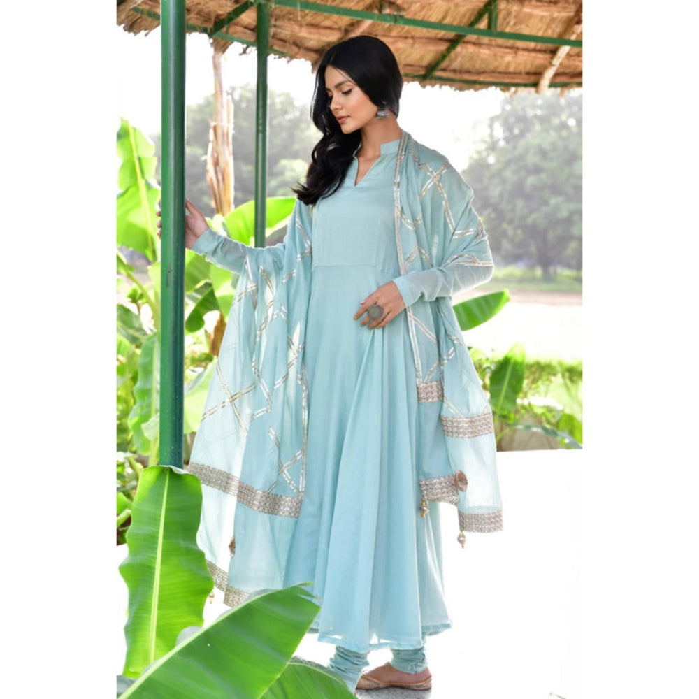 OMAANA Women Mulmul Blue Anarkali Kurta with Churidar and Dupatta