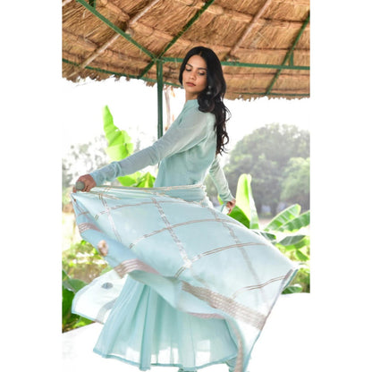 OMAANA Women Mulmul Blue Anarkali Kurta with Churidar and Dupatta