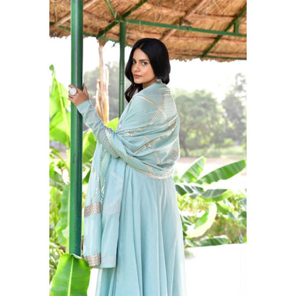 OMAANA Women Mulmul Blue Anarkali Kurta with Churidar and Dupatta