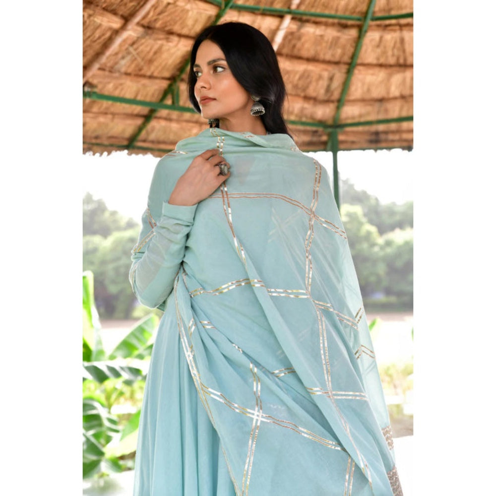 OMAANA Women Mulmul Blue Anarkali Kurta with Churidar and Dupatta