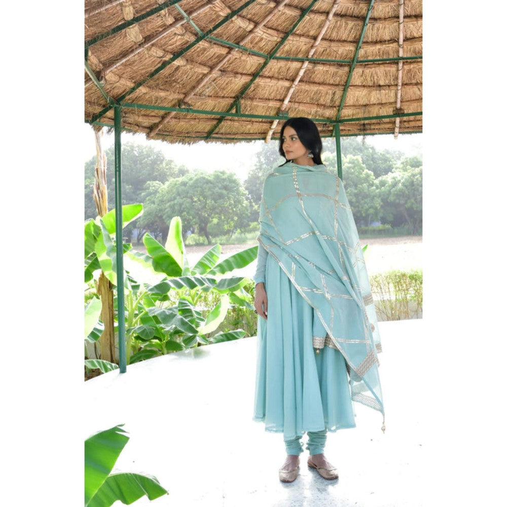 OMAANA Women Mulmul Blue Anarkali Kurta with Churidar and Dupatta