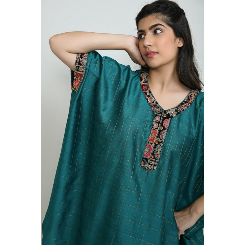 OMAANA Women Silk Teal Kaftan with Palazzo
