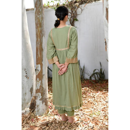OMAANA Women Mulmul Green Kurta with Pant and Dupatta