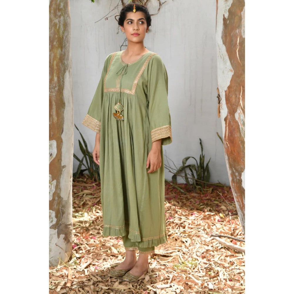 OMAANA Women Mulmul Green Kurta with Pant and Dupatta