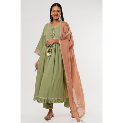 OMAANA Women Mulmul Green Kurta with Pant and Dupatta