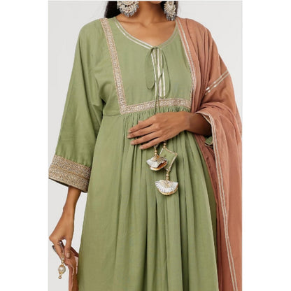 OMAANA Women Mulmul Green Kurta with Pant and Dupatta