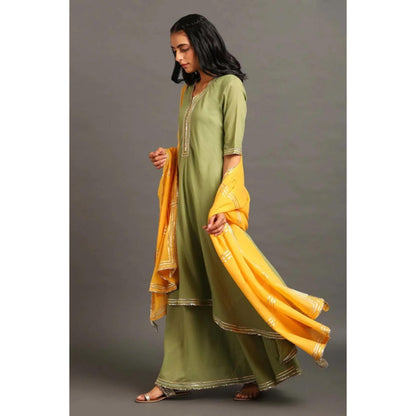 OMAANA Women Cotton Green Kurta with Sharara and Dupatta
