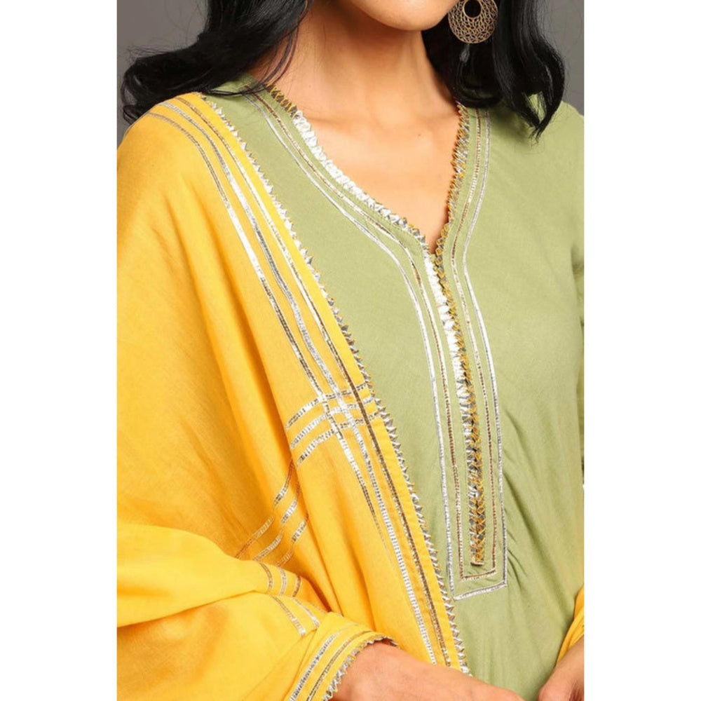 OMAANA Women Cotton Green Kurta with Sharara and Dupatta