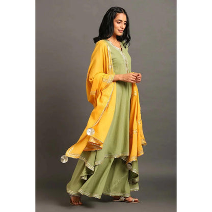 OMAANA Women Cotton Green Kurta with Sharara and Dupatta