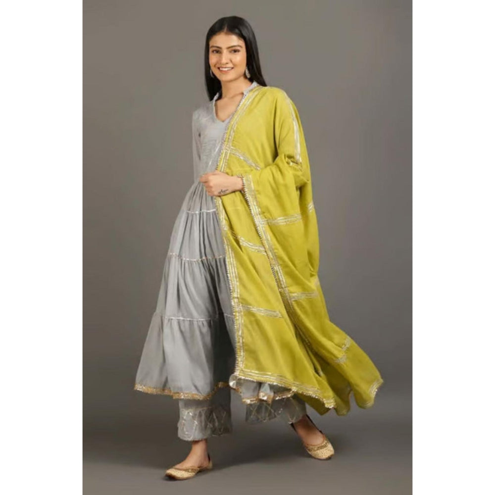 OMAANA Women Mulmul Grey Kurta with Palazzo and Dupatta