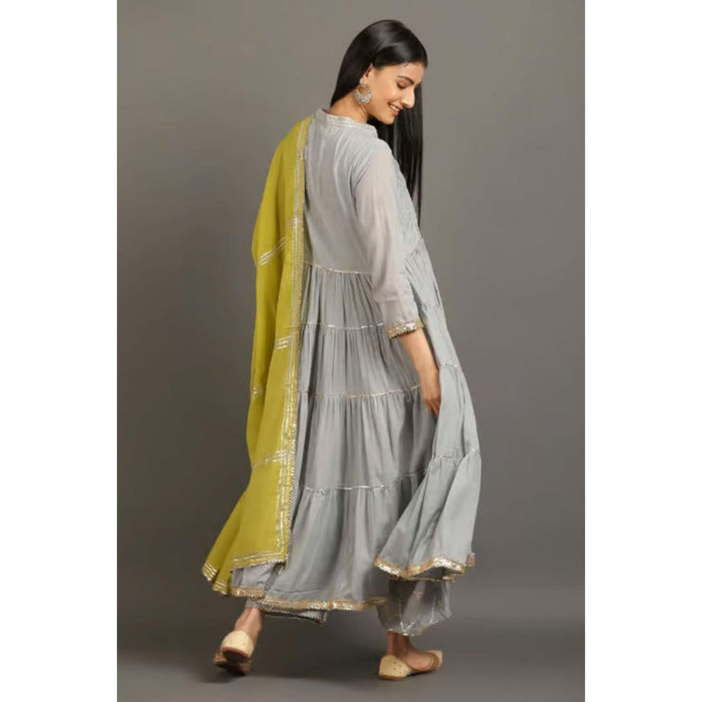 OMAANA Women Mulmul Grey Kurta with Palazzo and Dupatta